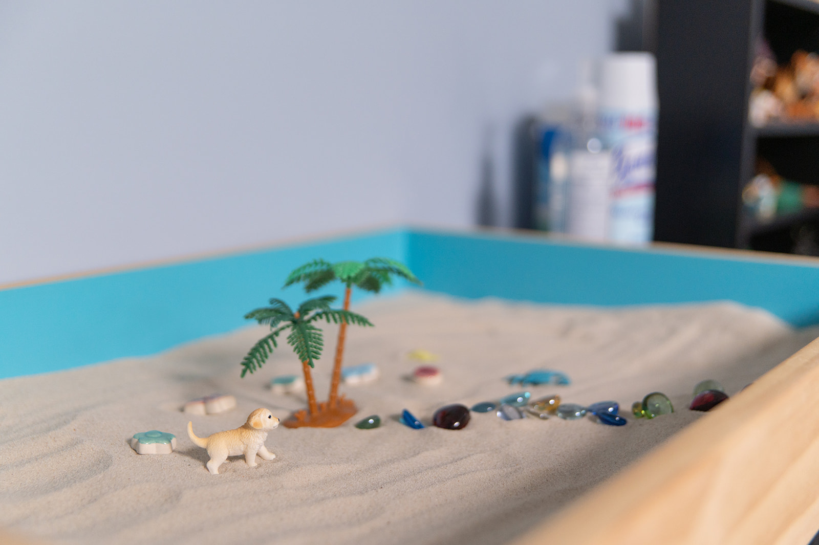 Sand tray in child therapy room